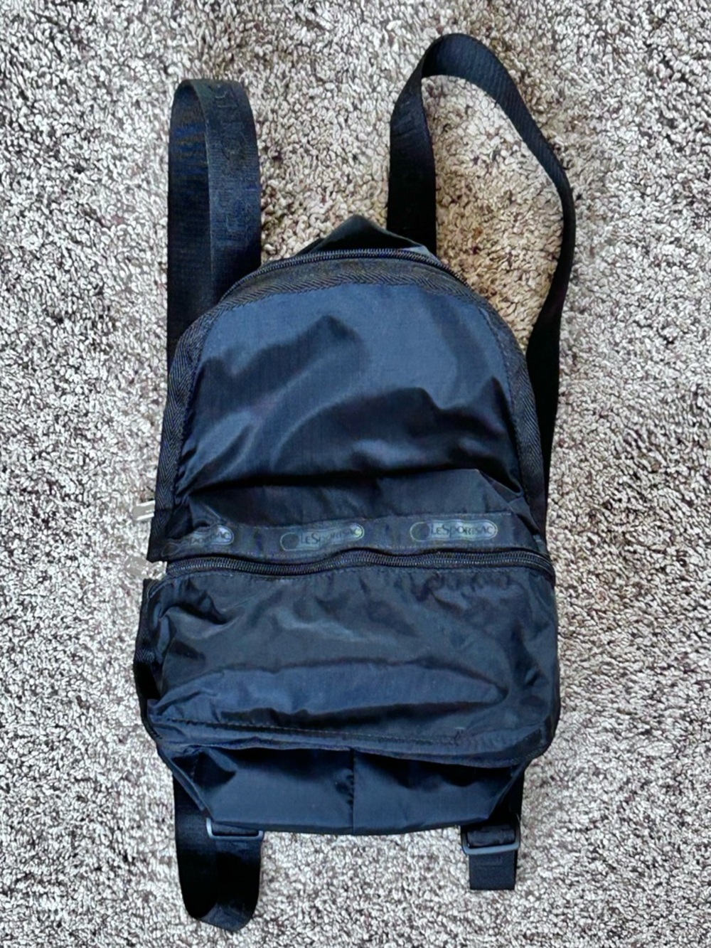 Lesportsac Route Black Nylon Mini Backpack with Front Zip Pocket 9” x 6” 10”